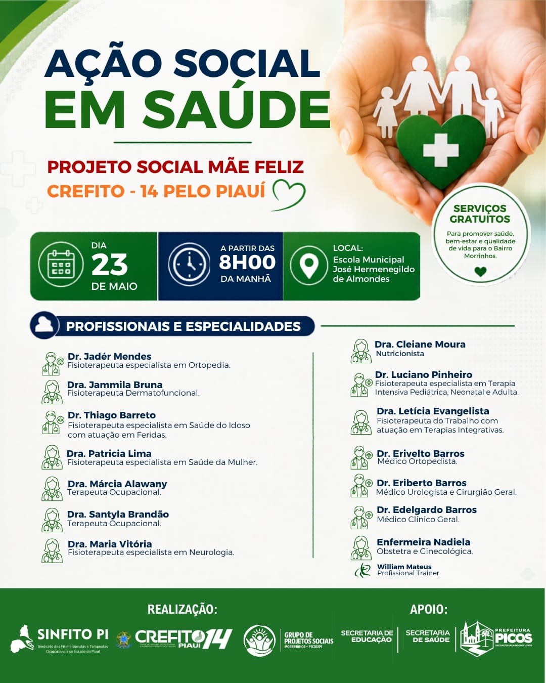 Projeto Social Mãe Feliz realizará grande ação de saúde gratuita no bairro Morrinhos em Picos